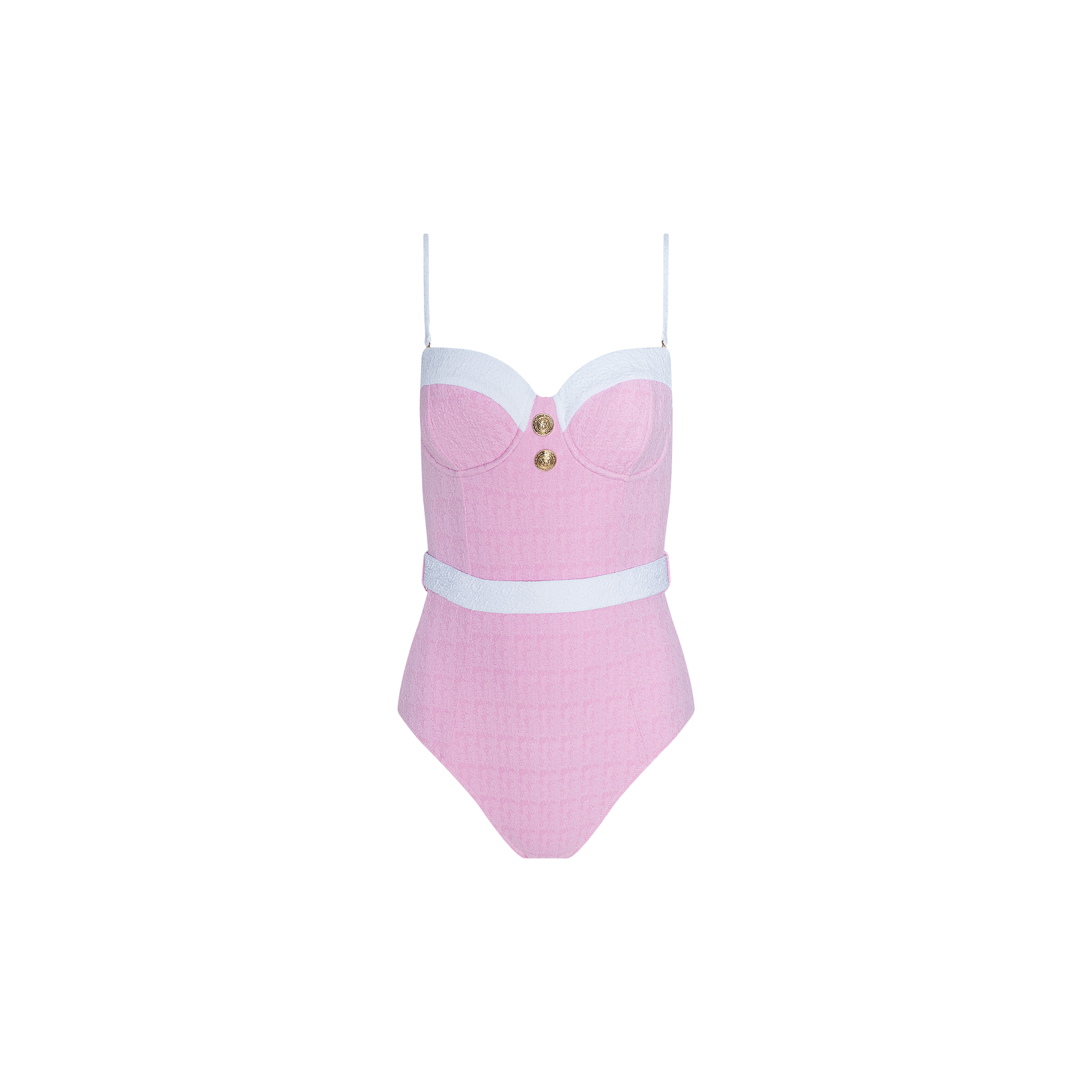 The Amie Bandeau One-Piece Swimsuit is a pink bouclé nylon swimsuit with thin straps, white trim on the bust and waist, and a gold button accent at the center of the chest. This UPF 50 swimwear combines stylish details and sun protection, shown here against a plain white background.