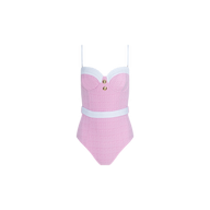 The Amie Bandeau One-Piece Swimsuit is a pink bouclé nylon swimsuit with thin straps, white trim on the bust and waist, and a gold button accent at the center of the chest. This UPF 50 swimwear combines stylish details and sun protection, shown here against a plain white background.