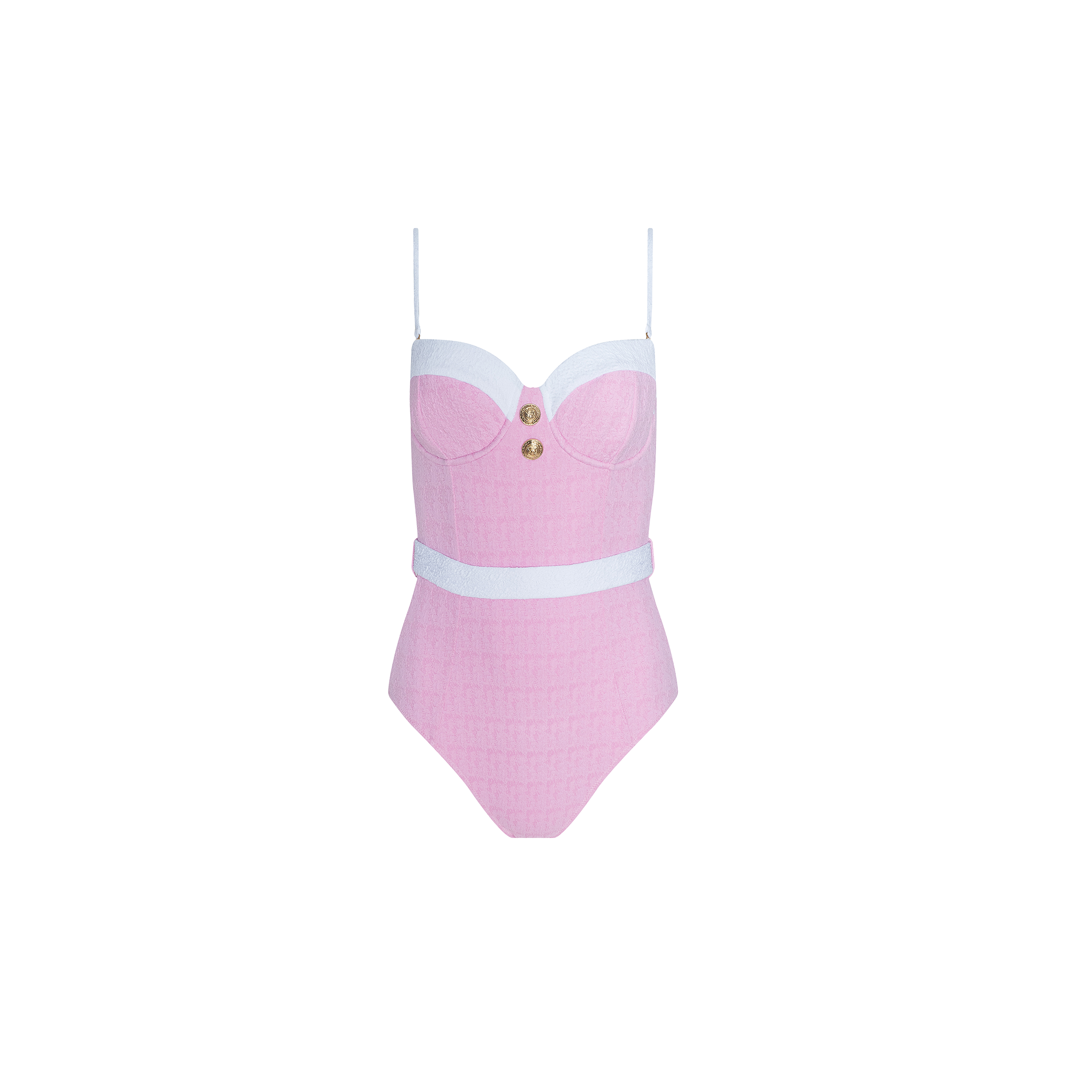 The Amie Bandeau One-Piece Swimsuit is a pink bouclé nylon swimsuit with thin straps, white trim on the bust and waist, and a gold button accent at the center of the chest. This UPF 50 swimwear combines stylish details and sun protection, shown here against a plain white background.