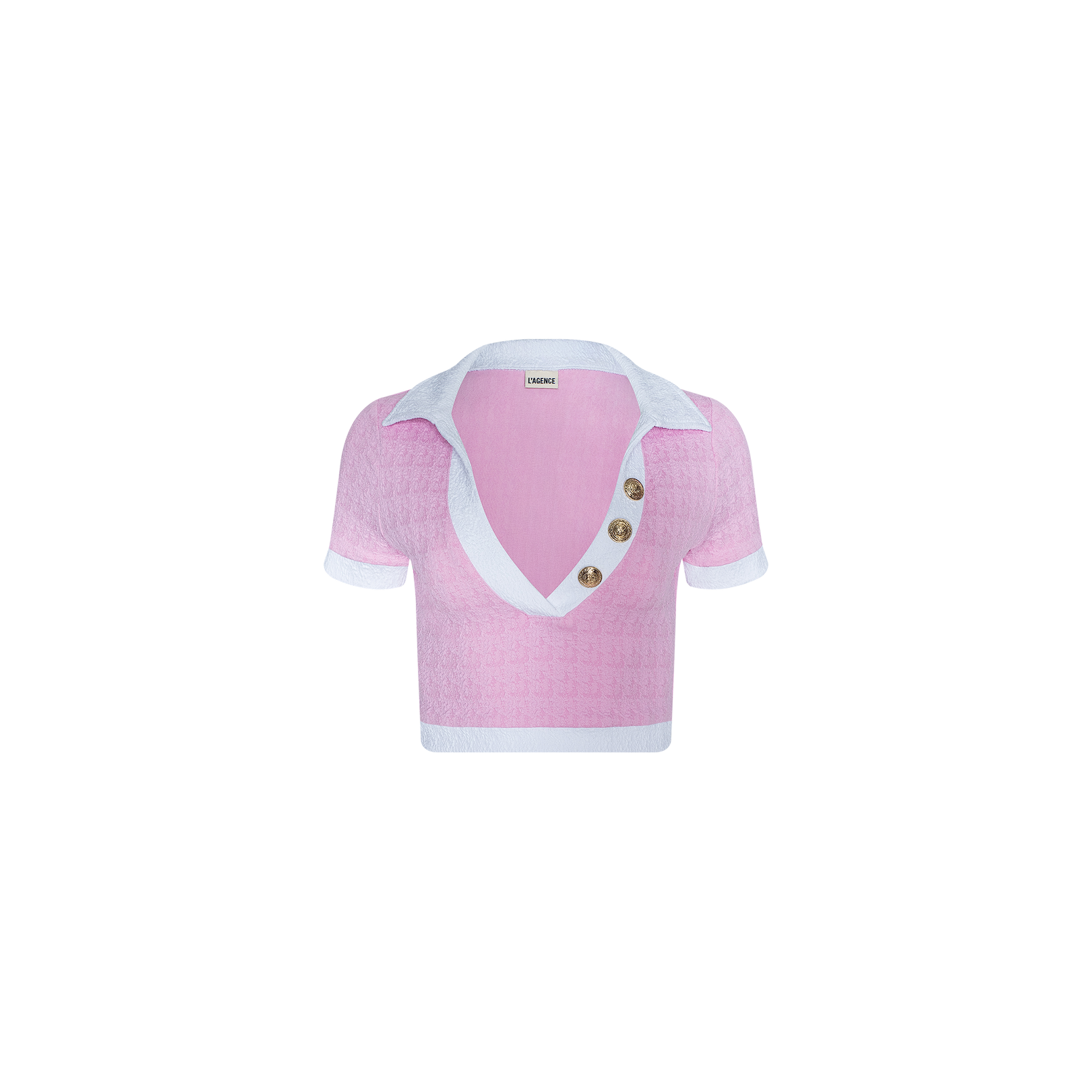The Anastasia Cropped Rashguard is a short-sleeve, pink knit top made from textured bouclé fabric, showcasing a deep V-neckline, white collar and trim, and three large buttons along one side of the opening. It is displayed against a plain white background.