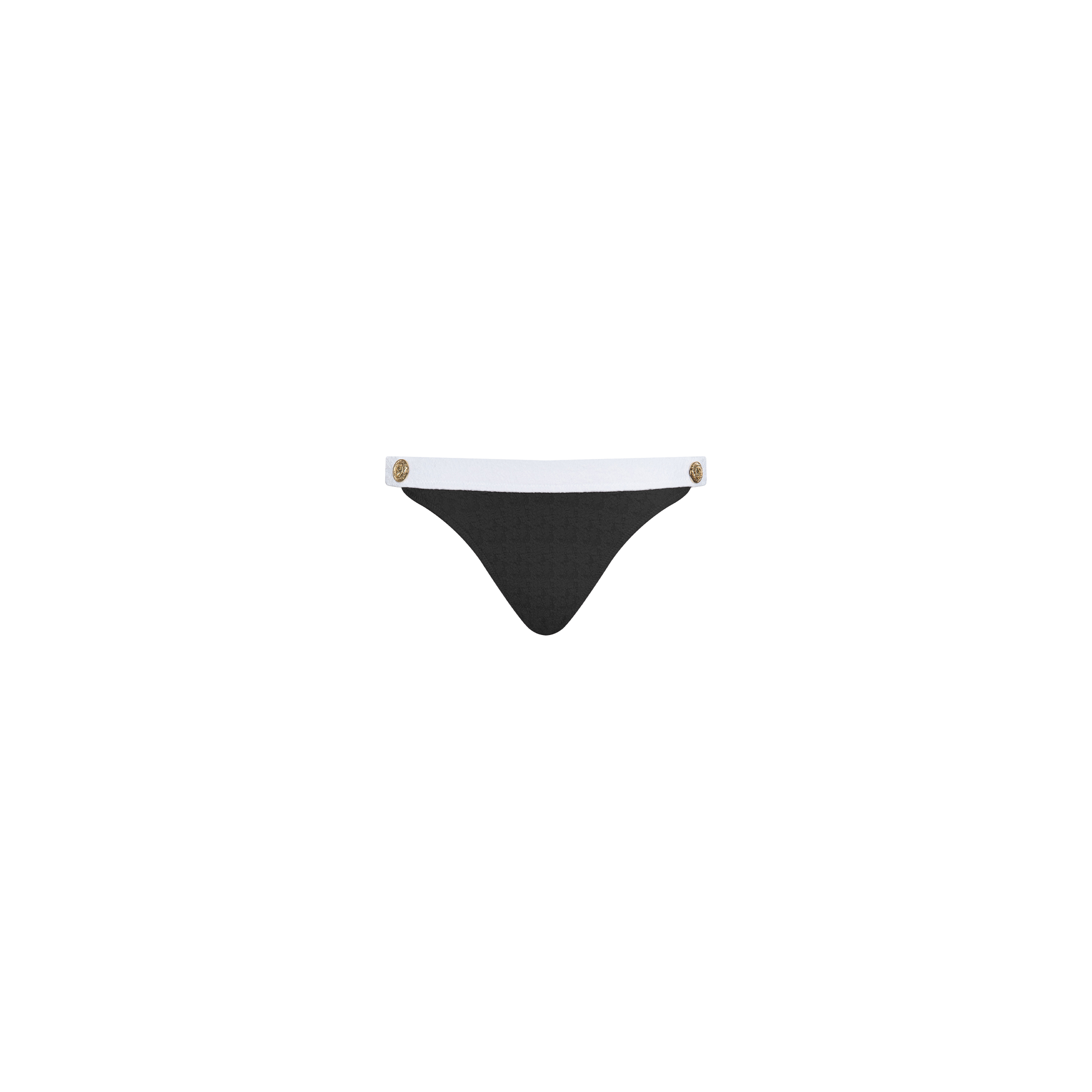 The Jean Bikini Bottom is crafted from black textured bouclé fabric and features a white waistband, gold button accents, and a high-leg cut, displayed on a plain white background.