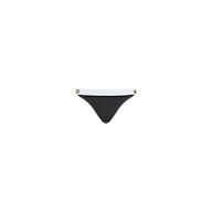 The Jean Bikini Bottom is crafted from black textured bouclé fabric and features a white waistband, gold button accents, and a high-leg cut, displayed on a plain white background.