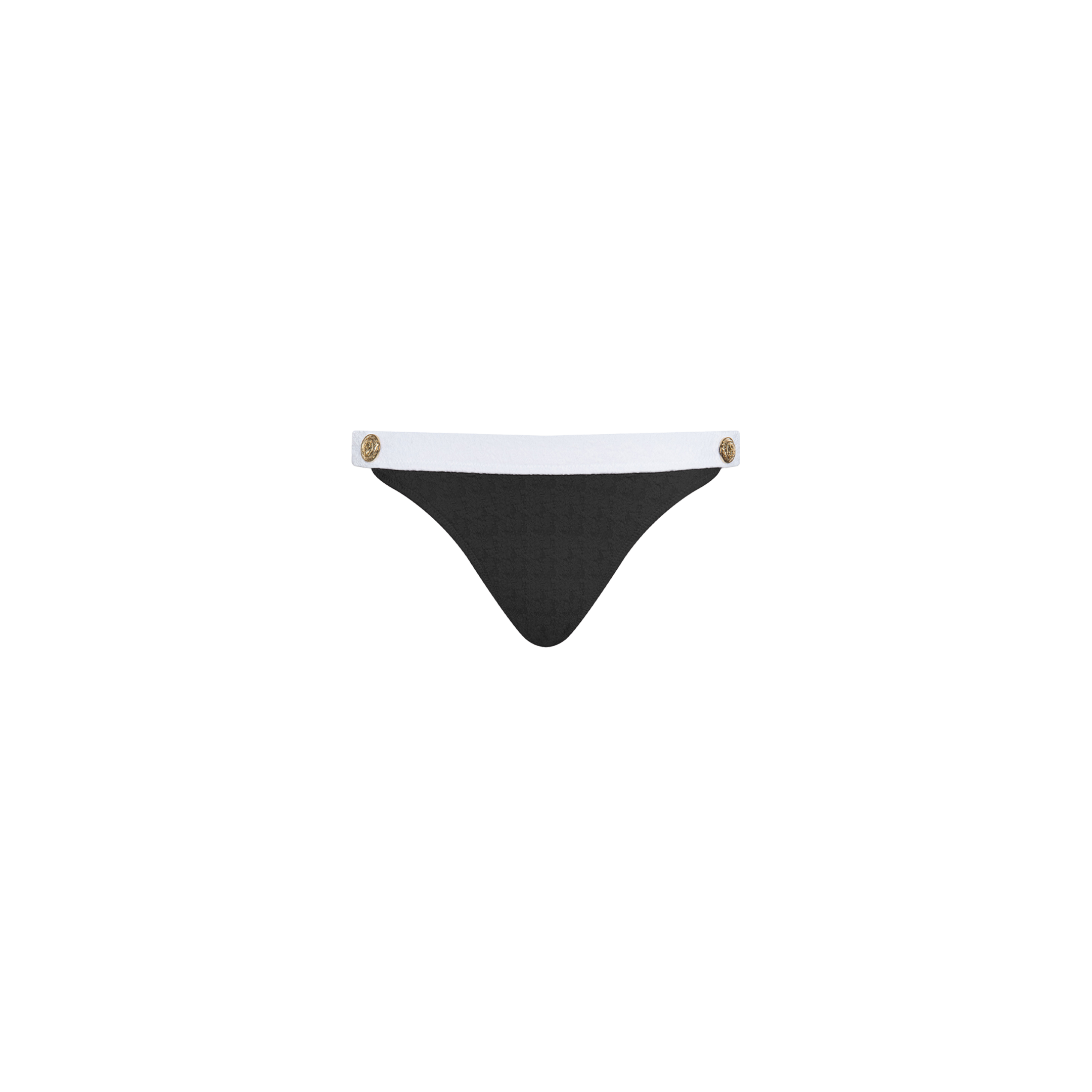 The Jean Bikini Bottom is a black, high-leg cut style with a white waistband, crafted from textured bouclé fabric and adorned with gold button details on each side. It is displayed against a plain white background.
