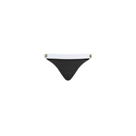 The Jean Bikini Bottom is a black, high-leg cut style with a white waistband, crafted from textured bouclé fabric and adorned with gold button details on each side. It is displayed against a plain white background.