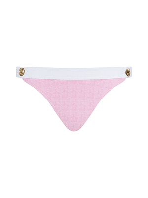 The Jean Bikini Bottom is pink, made from textured bouclé fabric, featuring a white waistband, high-leg cut, and gold button accents on both sides.