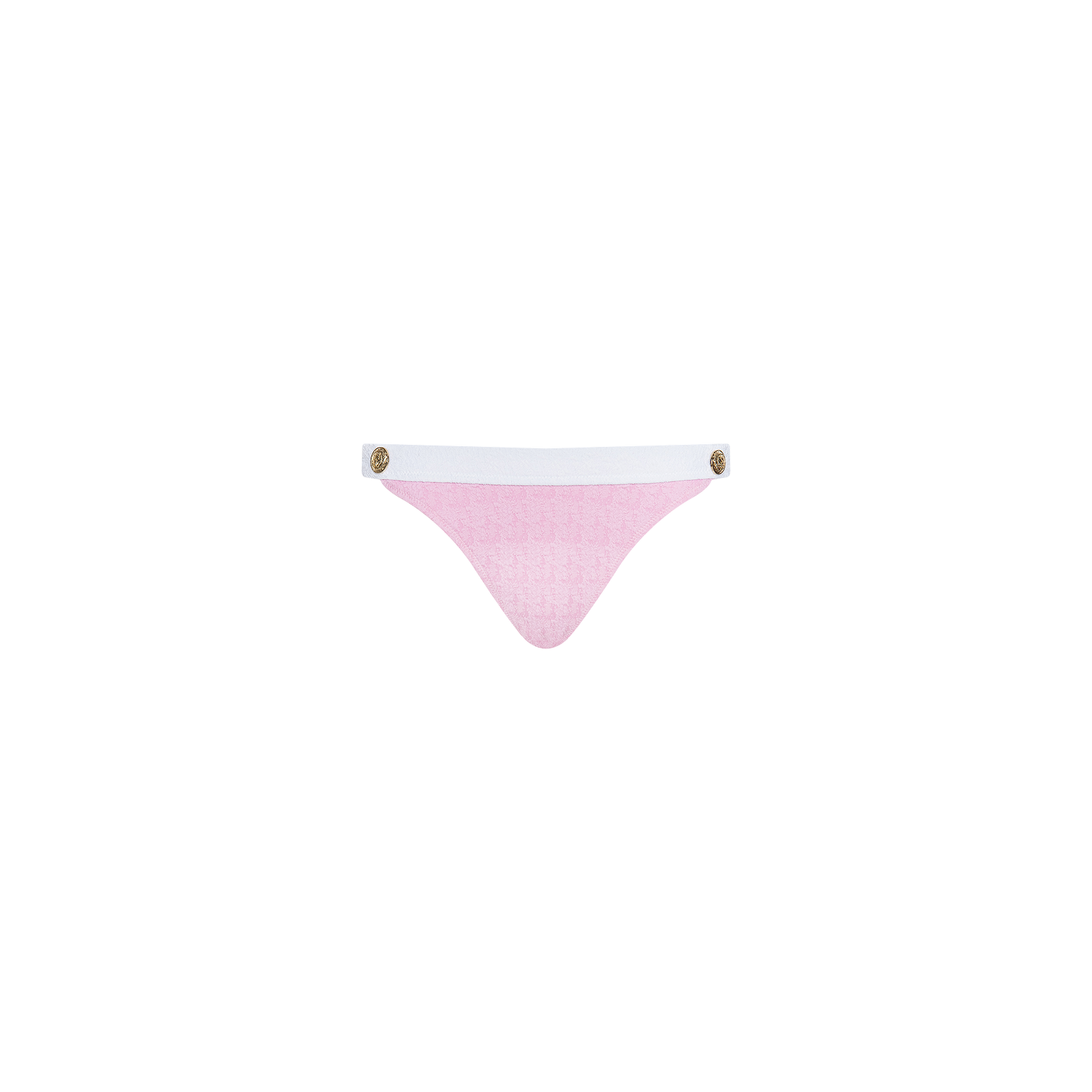 The Jean Bikini Bottom is a pink style made from textured bouclé fabric, highlighted by a white waistband and gold button accents on each side, shown against a plain white background.