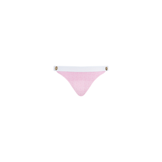 The Jean Bikini Bottom is a pink style made from textured bouclé fabric, highlighted by a white waistband and gold button accents on each side, shown against a plain white background.