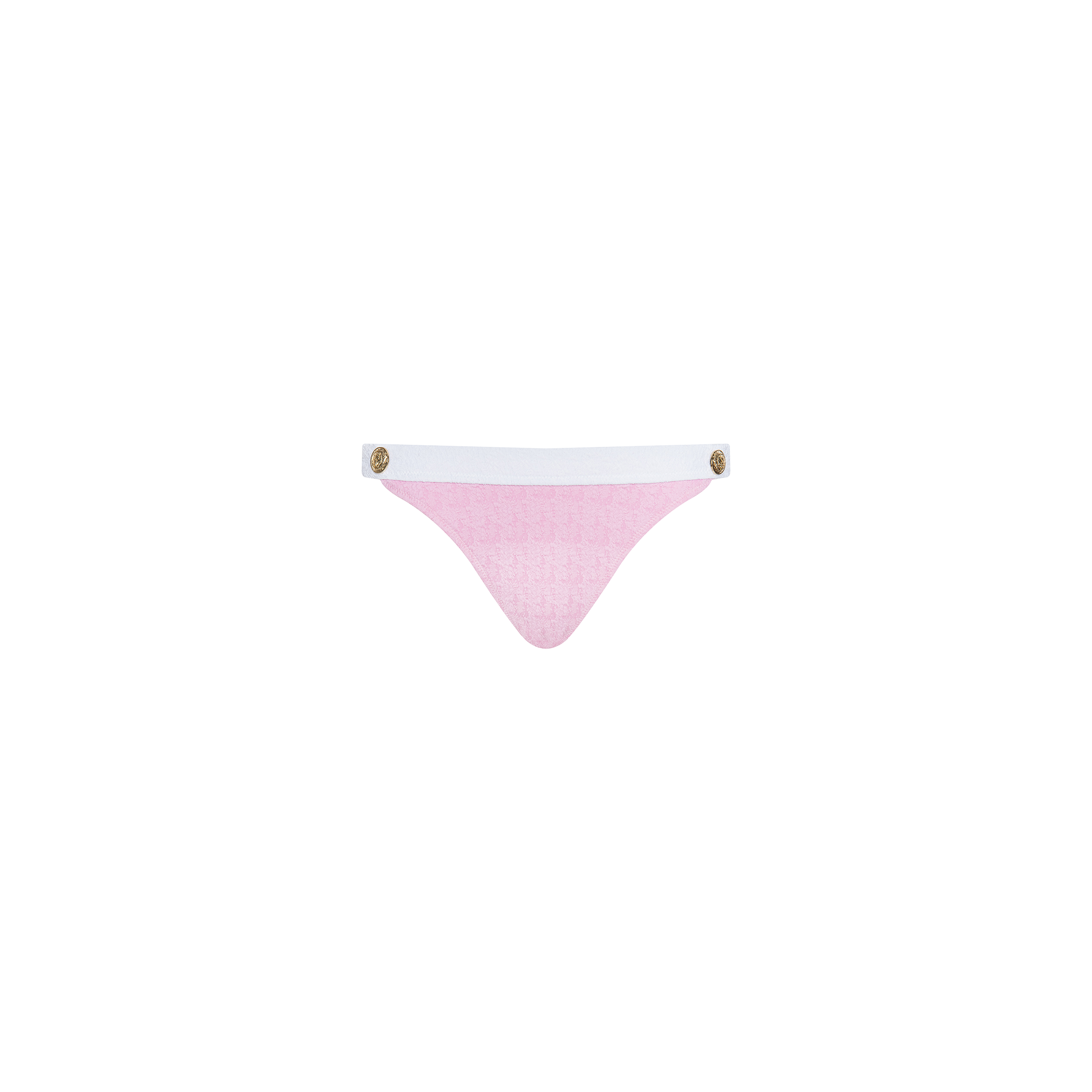 The Jean Bikini Bottom is a pink style made from textured bouclé fabric, highlighted by a white waistband and gold button accents on each side, shown against a plain white background.