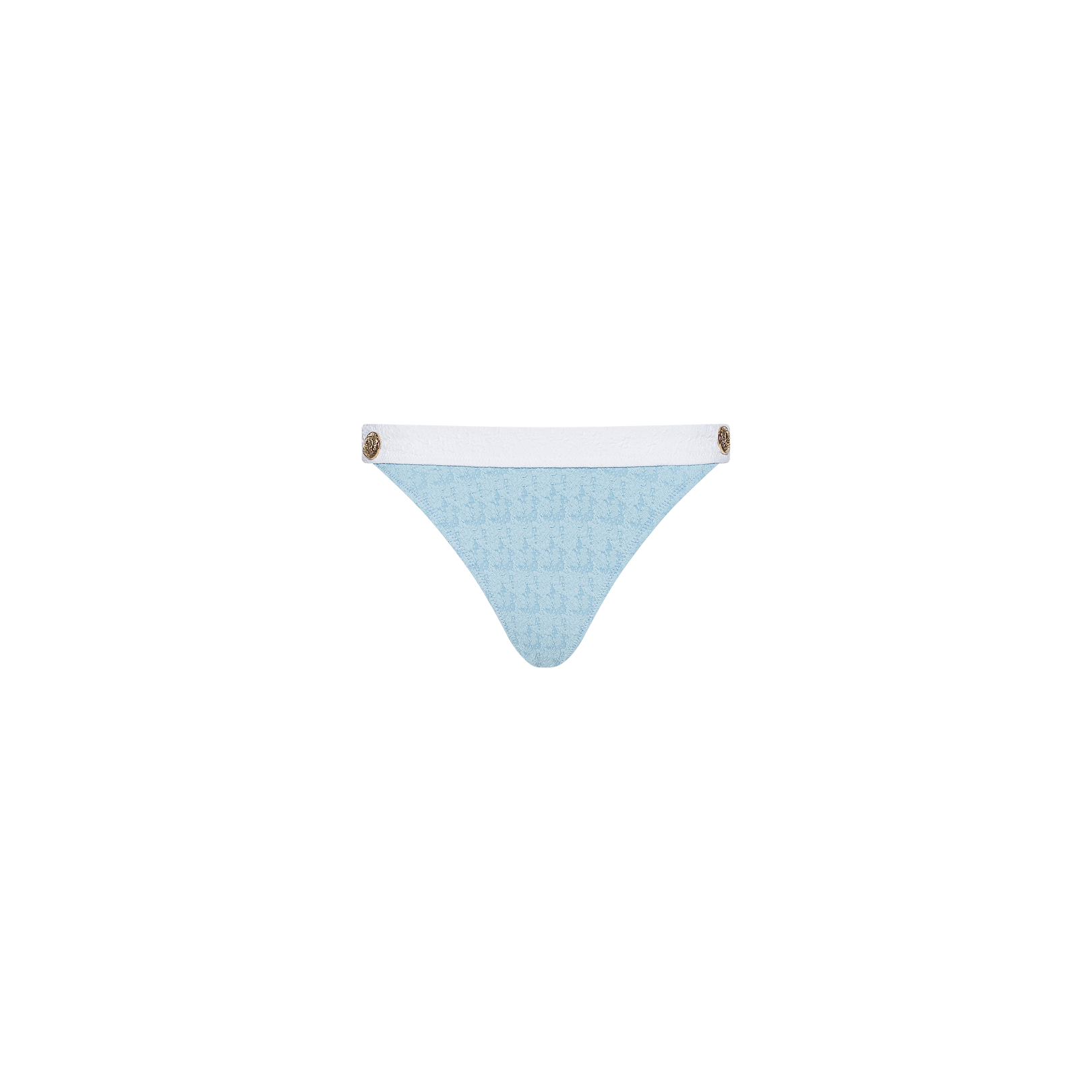 Jean Bikini Bottom in light blue, featuring a high-leg cut, white waistband, and decorative buttons on each side. Crafted from soft bouclé swim fabric and displayed against a plain white background.