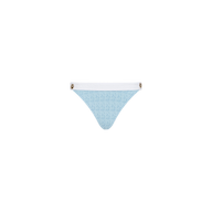 Introducing the Jean Bikini Bottom—a light blue textured bouclé swimwear piece featuring a white waistband and gold accent buttons on each side, designed with a high-leg cut and showcased against a plain white background.