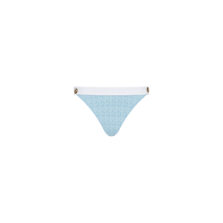 Jean Bikini Bottom in light blue, featuring a high-leg cut, white waistband, and decorative buttons on each side. Crafted from soft bouclé swim fabric and displayed against a plain white background.