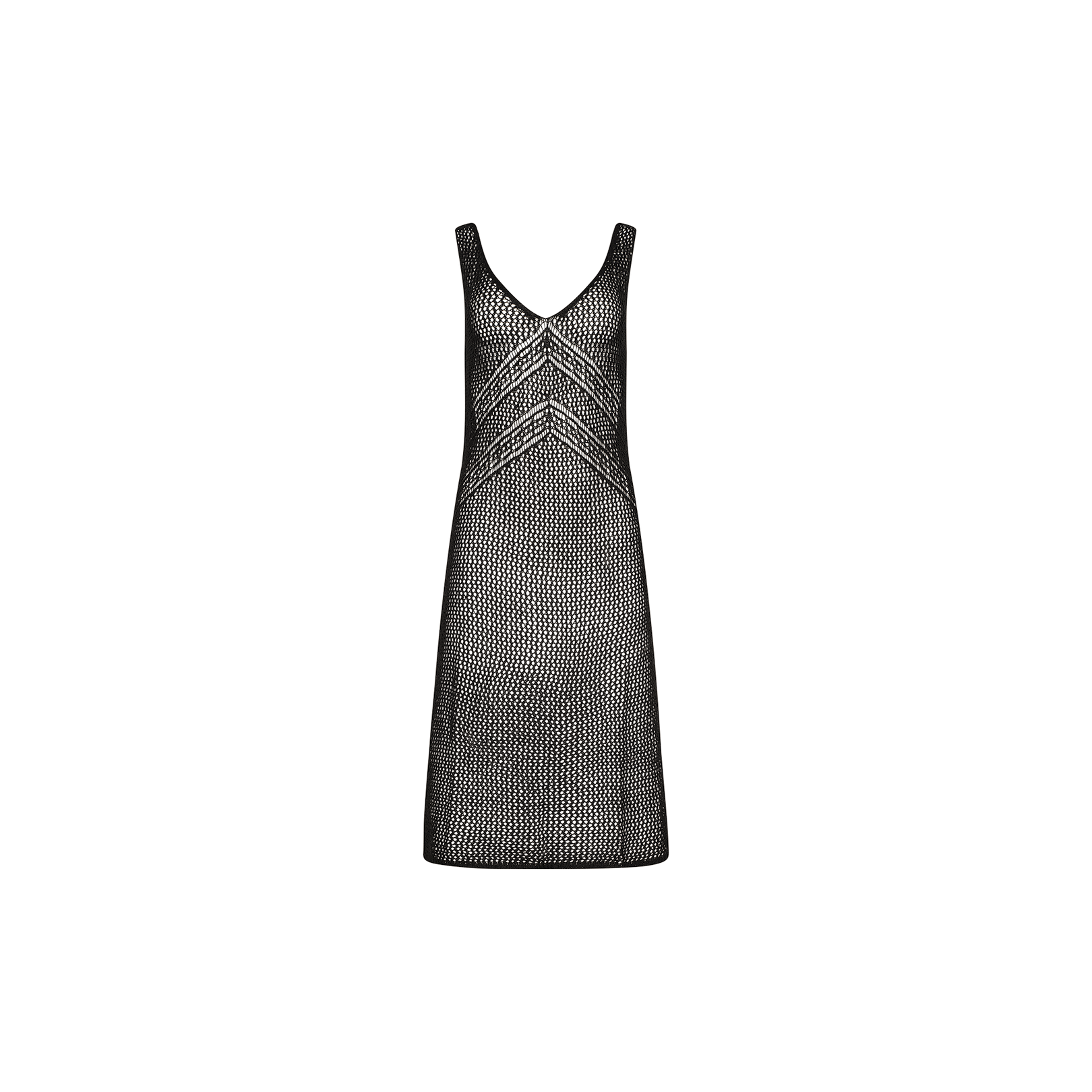 The Pallas Crochet Cover-Up Dress is a sleeveless black mesh dress featuring a V-neckline and a striking geometric pattern across the chest, reminiscent of chic crochet styles, displayed on a plain white background.