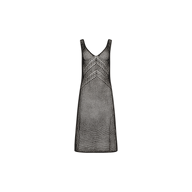 The Pallas Crochet Cover-Up Dress is a sleeveless black mesh dress featuring a V-neckline and a striking geometric pattern across the chest, reminiscent of chic crochet styles, displayed on a plain white background.