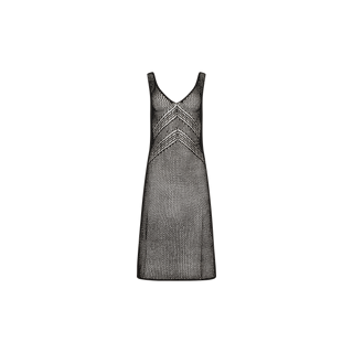 The Pallas Crochet Cover-Up Dress is a sleeveless black mesh dress featuring a V-neckline and a striking geometric pattern across the chest, reminiscent of chic crochet styles, displayed on a plain white background.
