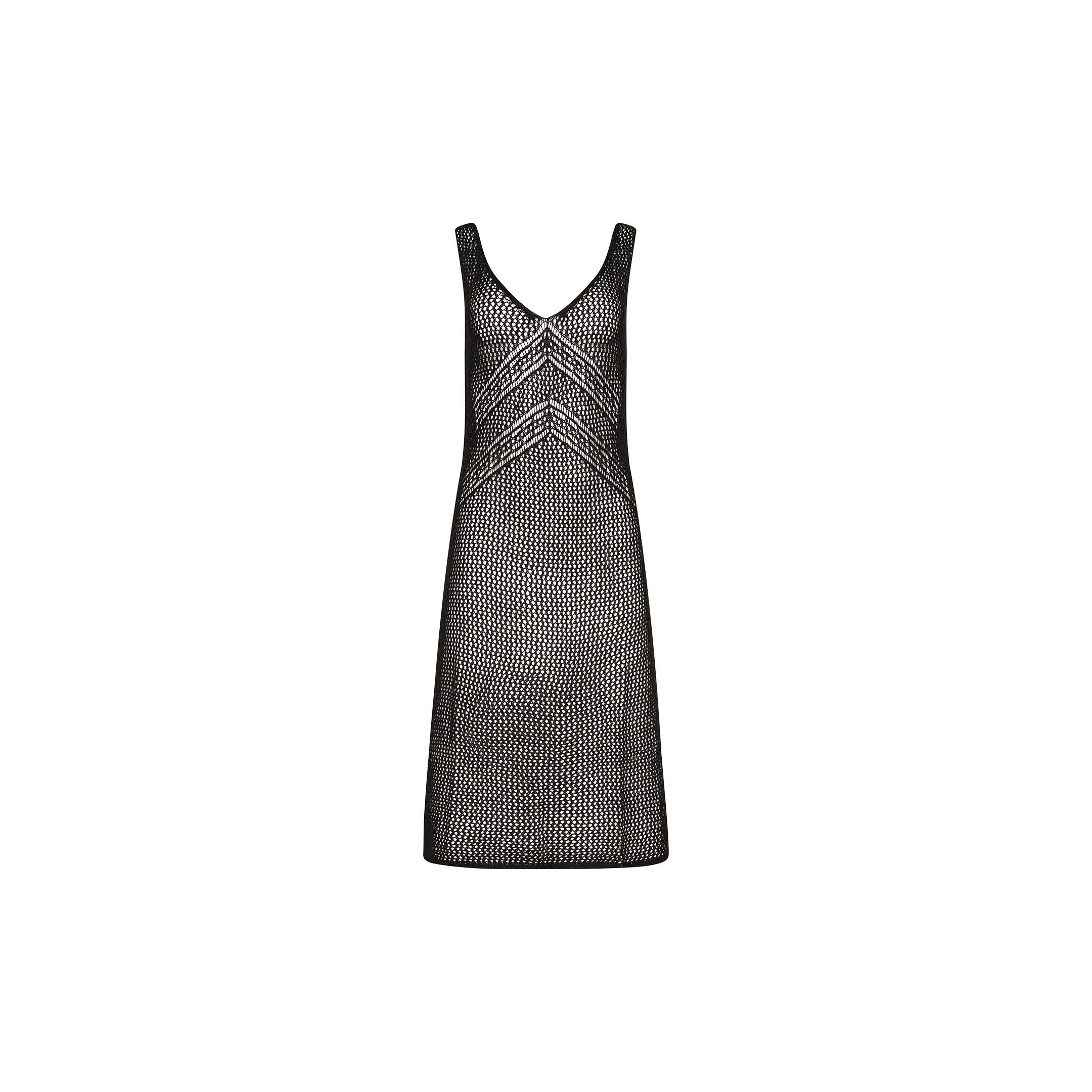 The Pallas Crochet Cover-Up Dress is a sleeveless black mesh dress featuring a V-neckline and a striking geometric pattern across the chest, reminiscent of chic crochet styles, displayed on a plain white background.
