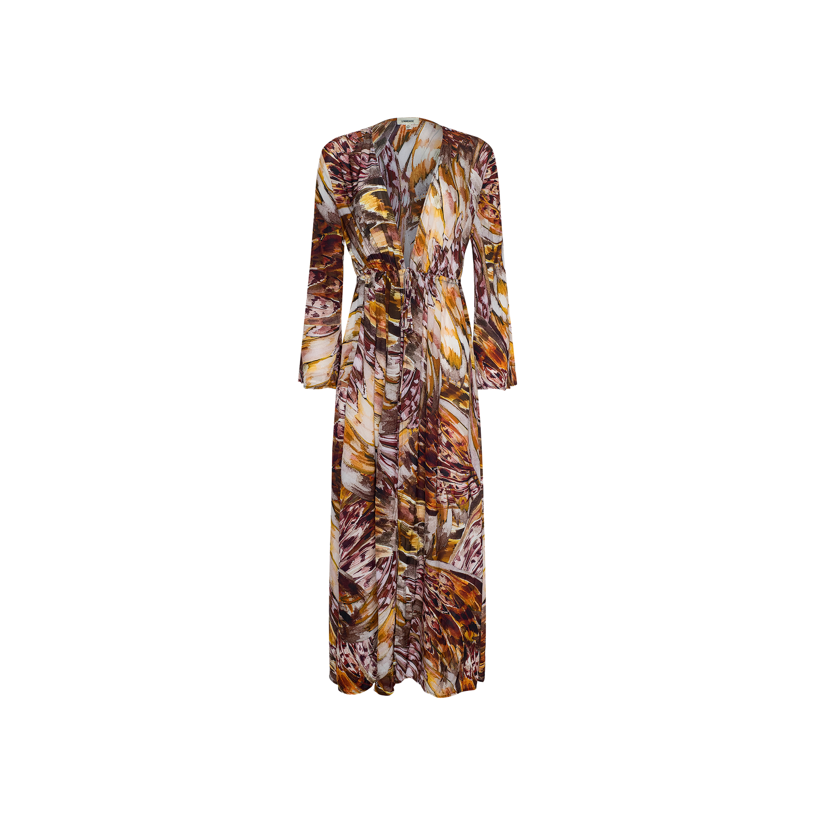 The Janus Cover-Up Robe is a long-sleeve maxi dress designed with an abstract, multicolored pattern in shades of brown, gold, and purple. Crafted from lightweight viscose chiffon, it features a deep V-neck and a flowy silhouette, making it the perfect swimsuit cover-up against a plain white background.