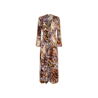 The Janus Cover-Up Robe is a long-sleeve maxi dress designed with an abstract, multicolored pattern in shades of brown, gold, and purple. Crafted from lightweight viscose chiffon, it features a deep V-neck and a flowy silhouette, making it the perfect swimsuit cover-up against a plain white background.