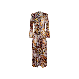 Janus Cover-Up Robe—a long-sleeve maxi dress with a vibrant abstract feather print in brown, yellow, and purple hues—features a V-neckline and gathered waist, shown on a white background.