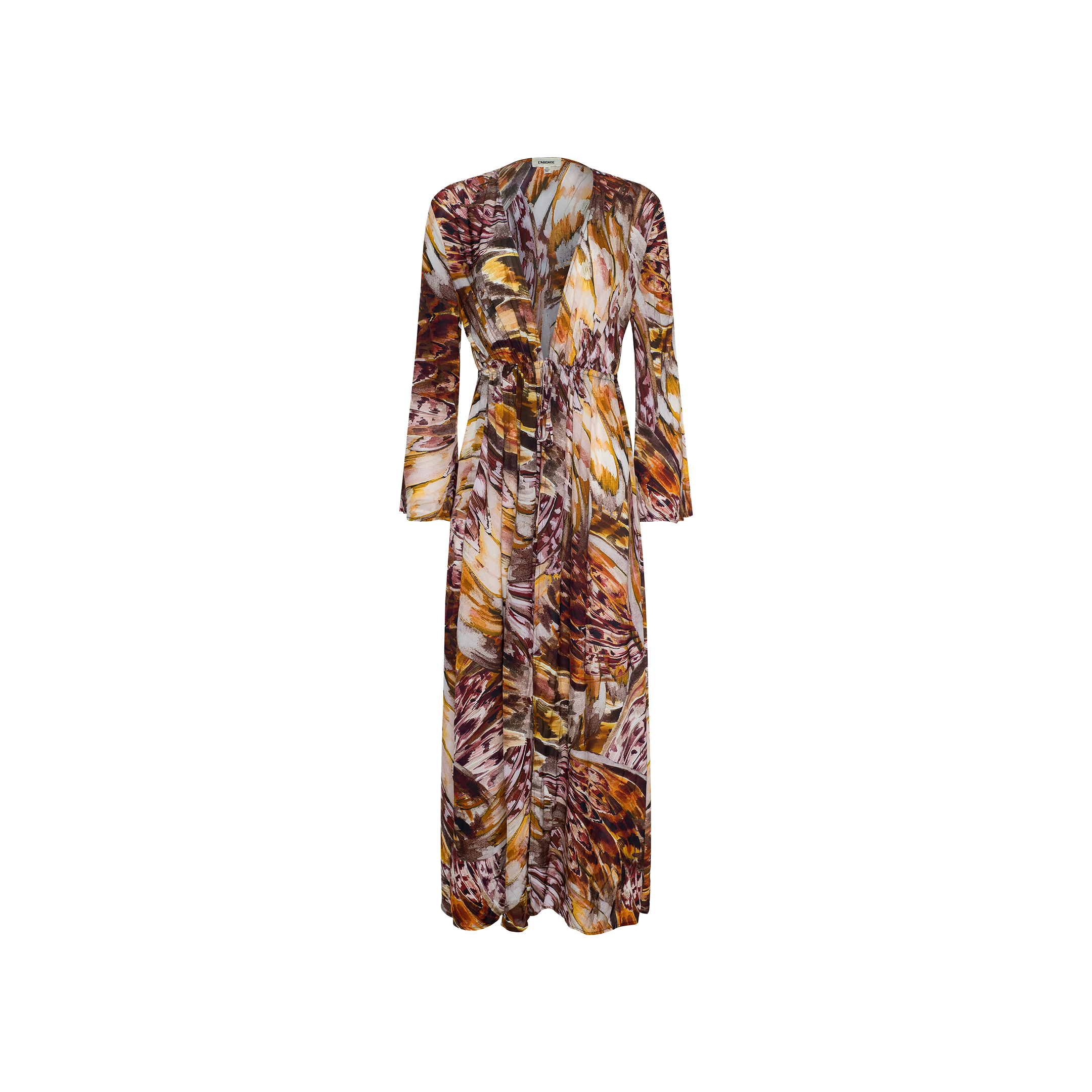 The Janus Cover-Up Robe is a long-sleeve maxi dress designed with an abstract, multicolored pattern in shades of brown, gold, and purple. Crafted from lightweight viscose chiffon, it features a deep V-neck and a flowy silhouette, making it the perfect swimsuit cover-up against a plain white background.