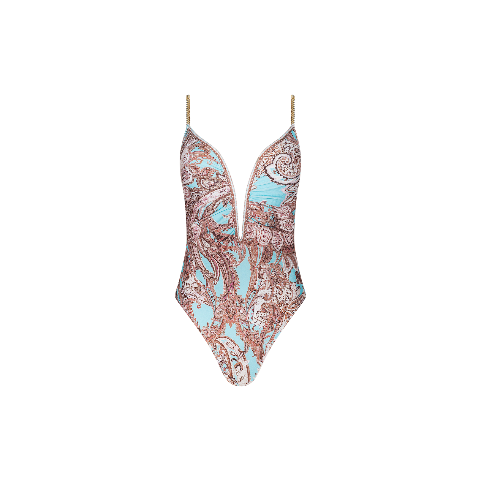 Lilou One-Piece Swimsuit with brass-chain straps, showcasing a light blue and brown paisley pattern and a deep V-neckline, displayed against a plain white background.