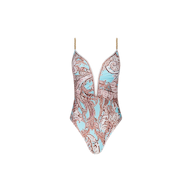 Lilou One-Piece Swimsuit with brass-chain straps, showcasing a light blue and brown paisley pattern and a deep V-neckline, displayed against a plain white background.