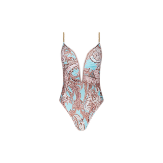 The Lilou One-Piece Swimsuit features brass-chain straps, a deep V-neckline, and an intricate ice blue paisley and brown pattern set against a white background.