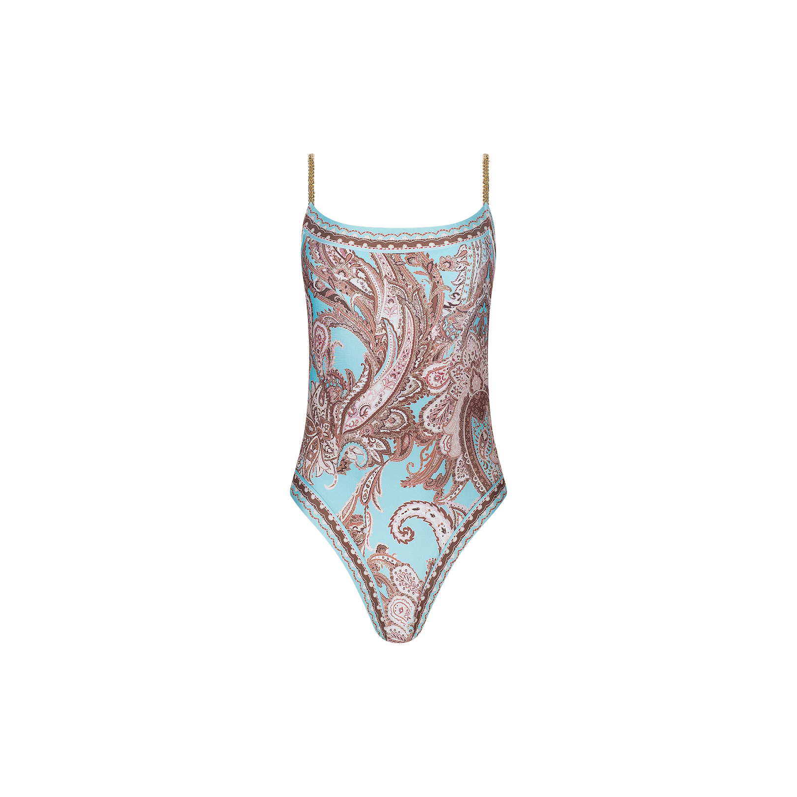The Remi One-Piece Swimsuit is a maillot style with thin straps, showcasing a blue base adorned with an ornate paisley print in brown and pink tones.