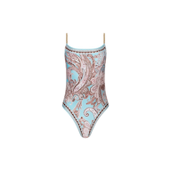 The Remi One-Piece Swimsuit features thin gold chain straps and a light blue and brown paisley print, displayed against a plain white background.