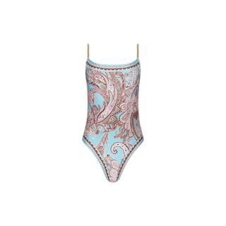 The Remi One-Piece Swimsuit is a maillot style with thin straps, showcasing a blue base adorned with an ornate paisley print in brown and pink tones.