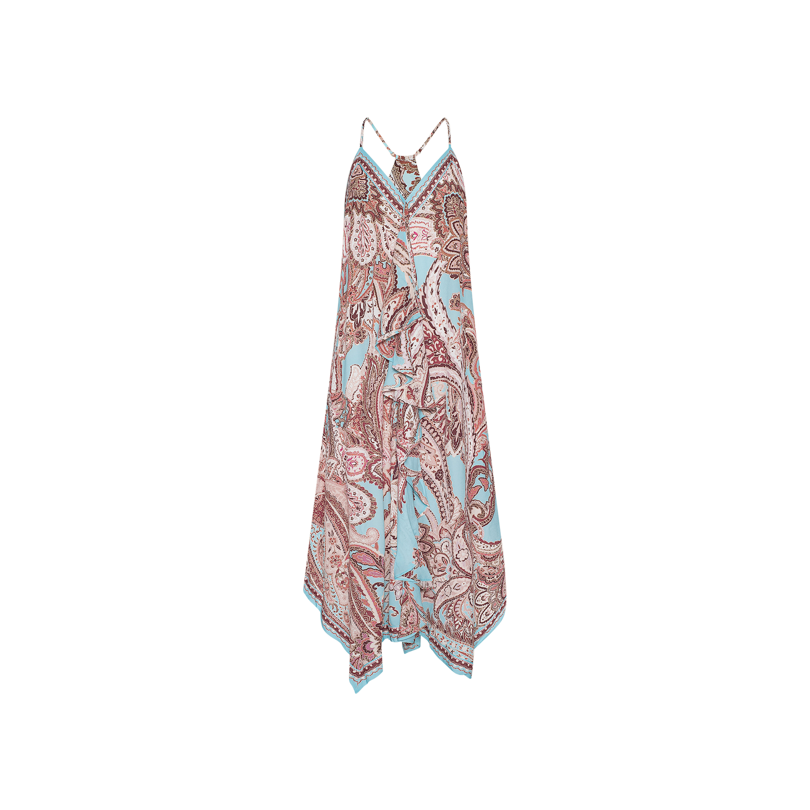 The Elise Cover-Up Dress is a sleeveless, handkerchief-hem halter midi dress with thin straps, showcasing a vibrant red and blue paisley print on a light background. Crafted from water-safe crepe for style and functionality, it is displayed on a white backdrop.