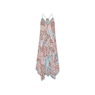 The Elise Cover-Up Dress is a sleeveless, V-neck halter midi dress with thin straps and a handkerchief hem, crafted from lightweight, water-safe crepe fabric in a pink and blue paisley print.