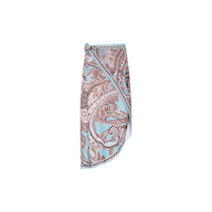 The Marena Sarong is an asymmetrical wrap skirt showcasing a blue and brown paisley pattern, designed with a high-low hemline and a knotted waist detail—ideal as an elegant swimwear cover-up or for effortless beachside sophistication.
