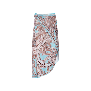 A blue and brown paisley-patterned Marena Sarong, featuring a tied knot at the waist and ideal as a stylish wrap skirt or beach cover-up, displayed against a plain white background.