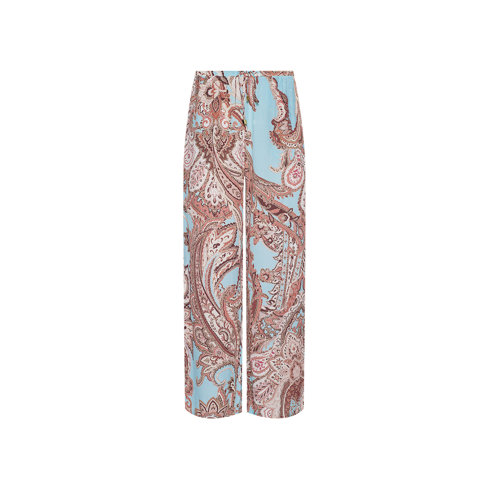 The Geraldine Cover-Up Pant showcases a relaxed wide-leg silhouette with an intricate brown paisley print on a light blue background, displayed against a plain white backdrop—perfect for resort wear.