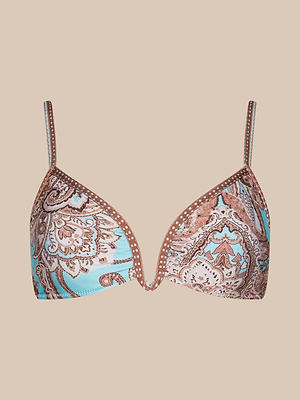 The Alisha Bikini Top is a women’s V-wire bikini with a deep V cut, thin adjustable straps, and a blue and brown paisley print on beige—ideal for mixing and matching your swim separates.