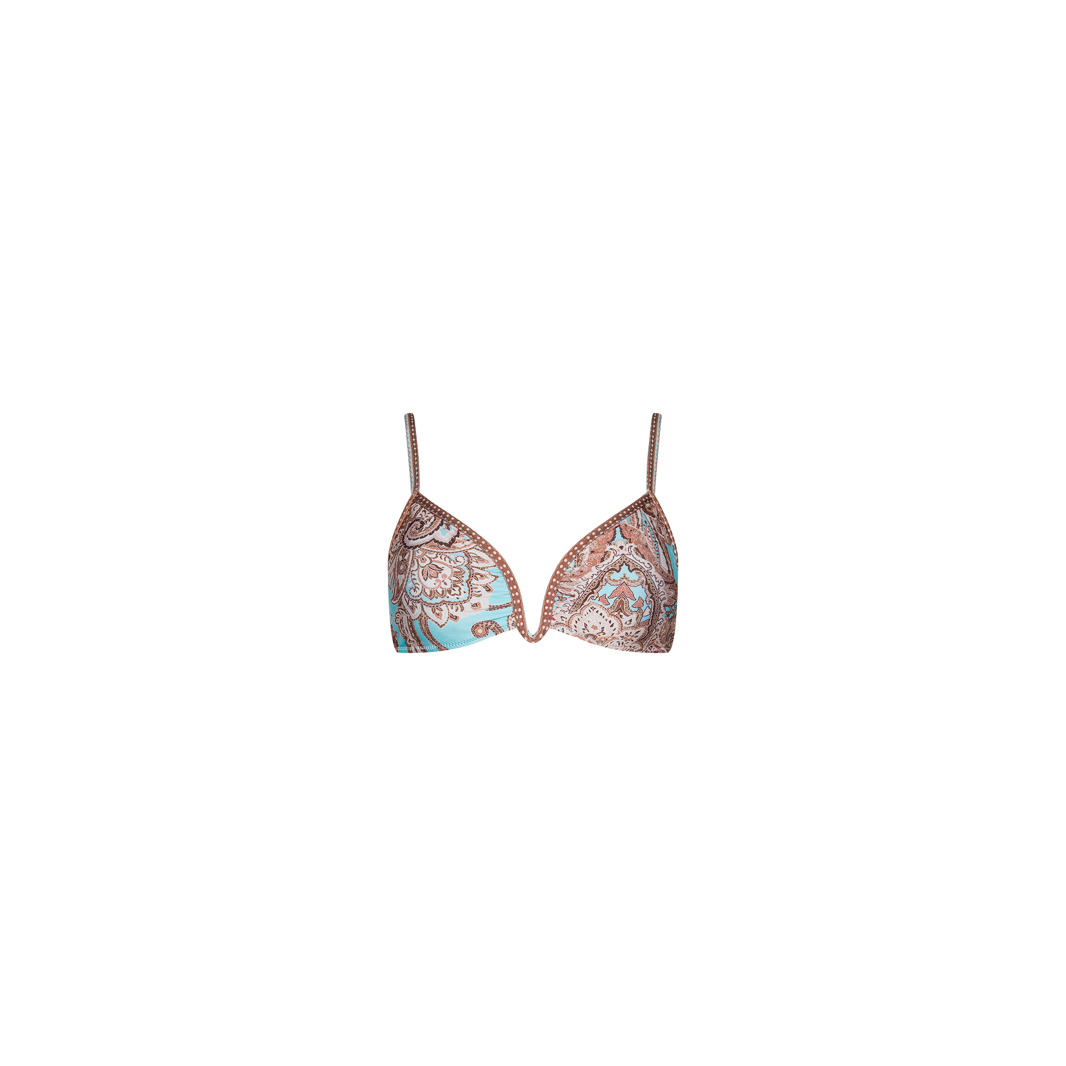 The Alisha Bikini Top features a paisley pattern in shades of brown and light blue, has thin straps, offers UPF 50 protection, and is perfect for mixing and matching with other swim separates. It is displayed on a plain white background.