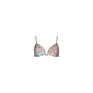 The Alisha Bikini Top features a paisley pattern in shades of brown and light blue, has thin straps, offers UPF 50 protection, and is perfect for mixing and matching with other swim separates. It is displayed on a plain white background.