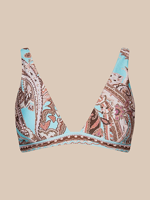 The Lexie Bikini Top features a blue and brown paisley print, wide adjustable straps, and a seamless triangle design, displayed on a beige background.