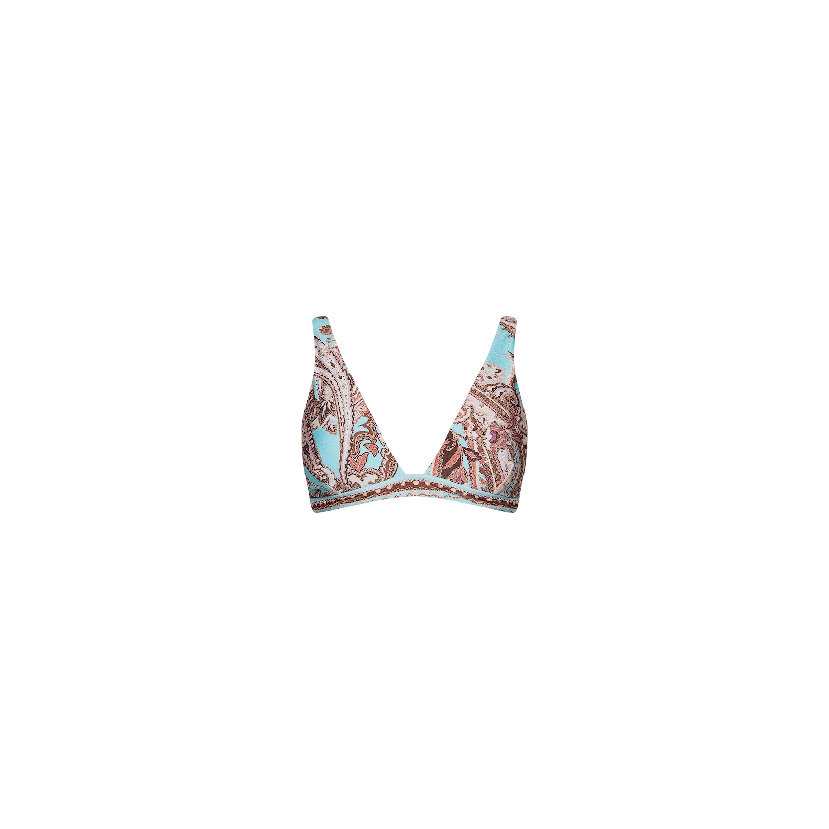 The Lexie Bikini Top, featuring a paisley pattern in light blue and brown with adjustable straps, is displayed on a plain white background.