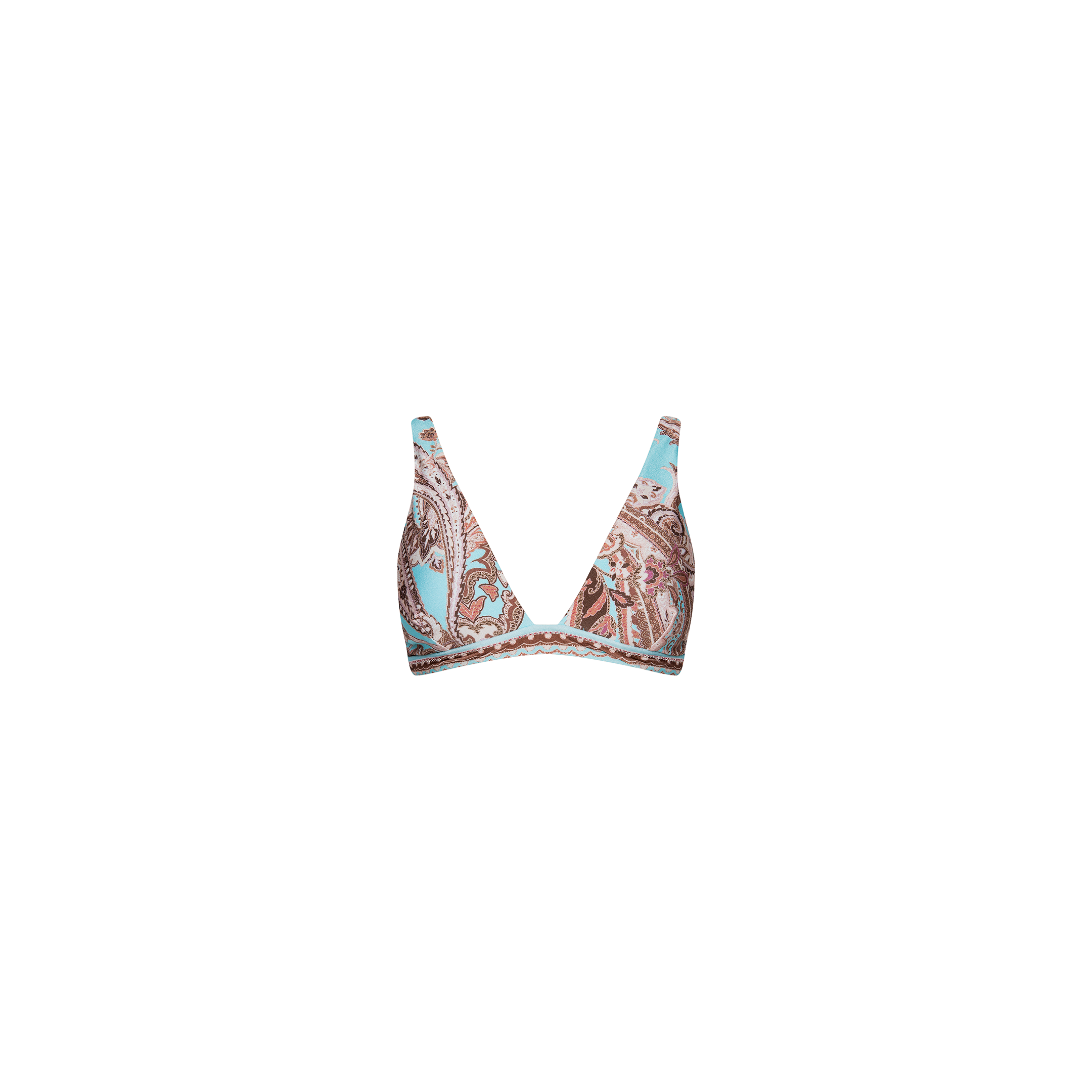 The Lexie Bikini Top is a triangle-style bikini top with a light blue and brown paisley print, featuring thin adjustable straps and a simple design, shown against a plain white background.