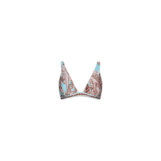 The Lexie Bikini Top is a women’s triangle bikini top featuring a blue and brown paisley print, thin adjustable straps, and a scalloped edge along the bottom.