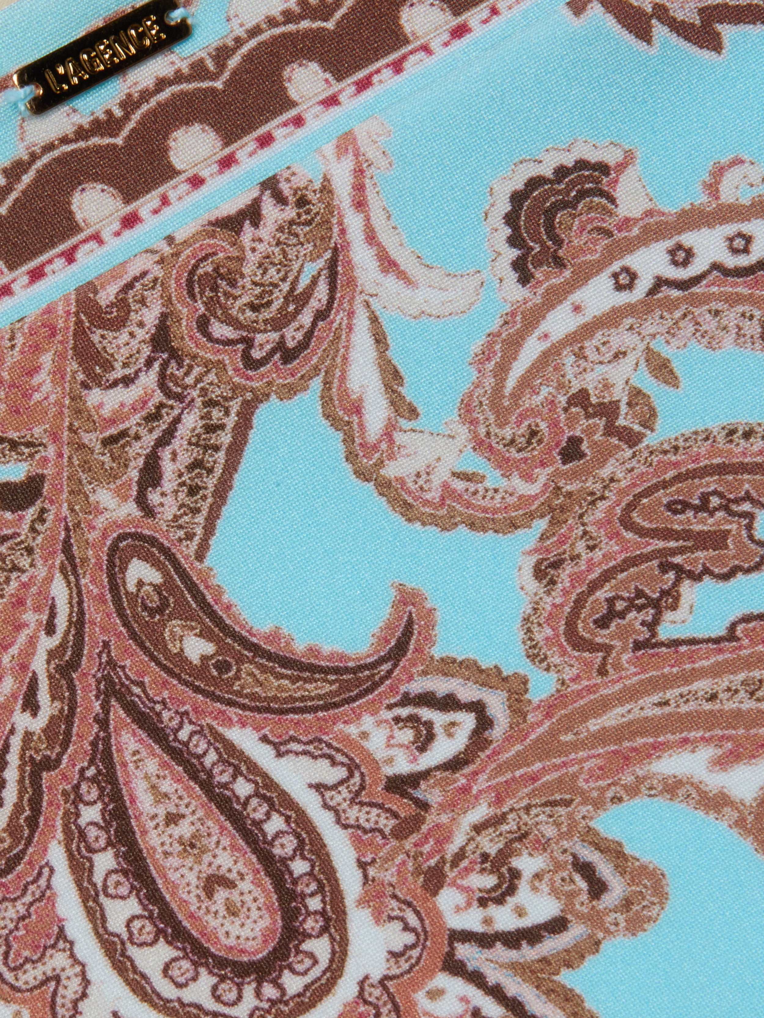 Close-up of the Nicole Bikini Bottom, featuring a brown and pink paisley print on a light blue stretch nylon fabric; a small LAUREN metal tag is visible at the top left.