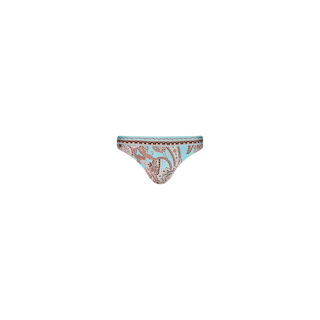 The Nicole Bikini Bottom features a turquoise and brown paisley print, crafted from stretch nylon for comfort, and is displayed against a plain white background.