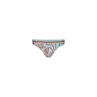 The Nicole Bikini Bottom, shown against a plain white background, features a blue and brown paisley print on stretch nylon with a low-rise, V-shaped waist and offers UPF 50 protection.