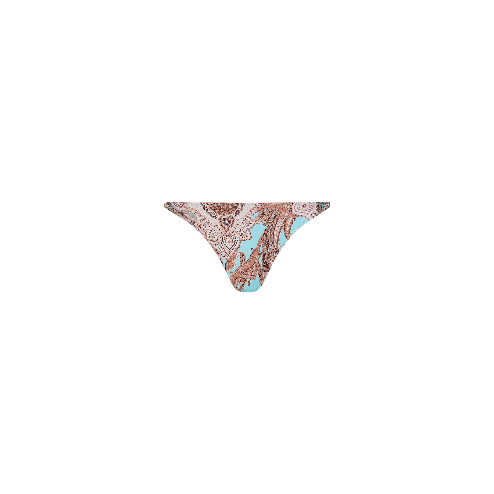 The Nicole Bikini Bottom features a light blue base with a brown paisley print, crafted from stretch nylon for comfort, and is displayed on a plain white background.