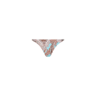 The Violet String Bikini Bottom features a brown and white paisley pattern on a light blue background, crafted in a classic string bikini style with UPF 50 swimwear protection, and is displayed on a plain white surface.
