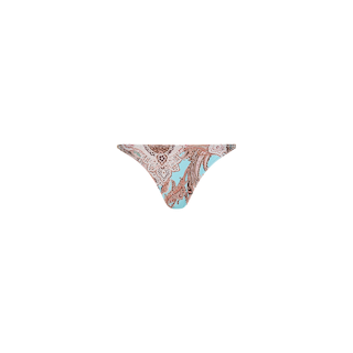 The Nicole Bikini Bottom features a light blue base with a brown paisley print, crafted from stretch nylon for comfort, and is displayed on a plain white background.