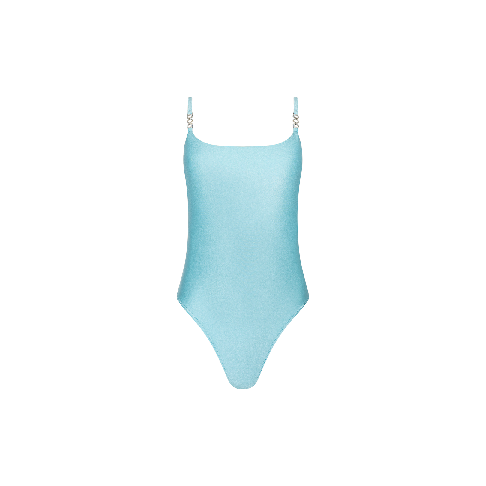 The Remi One-Piece Swimsuit in light blue features thin shoulder straps, a simple, sleek design, and a flattering high-leg cut, displayed against a plain white background.
