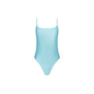 The Remi One-Piece Swimsuit in light blue features thin shoulder straps, a simple, sleek design, and a flattering high-leg cut, displayed against a plain white background.