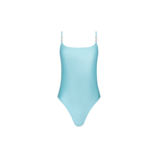 The Remi One-Piece Swimsuit in light blue features thin shoulder straps, a simple, sleek design, and a flattering high-leg cut, displayed against a plain white background.